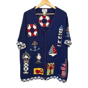 Quacker Factory Nautical Cardigan Women 2X Blue Excellent Short Sleeve Novelty